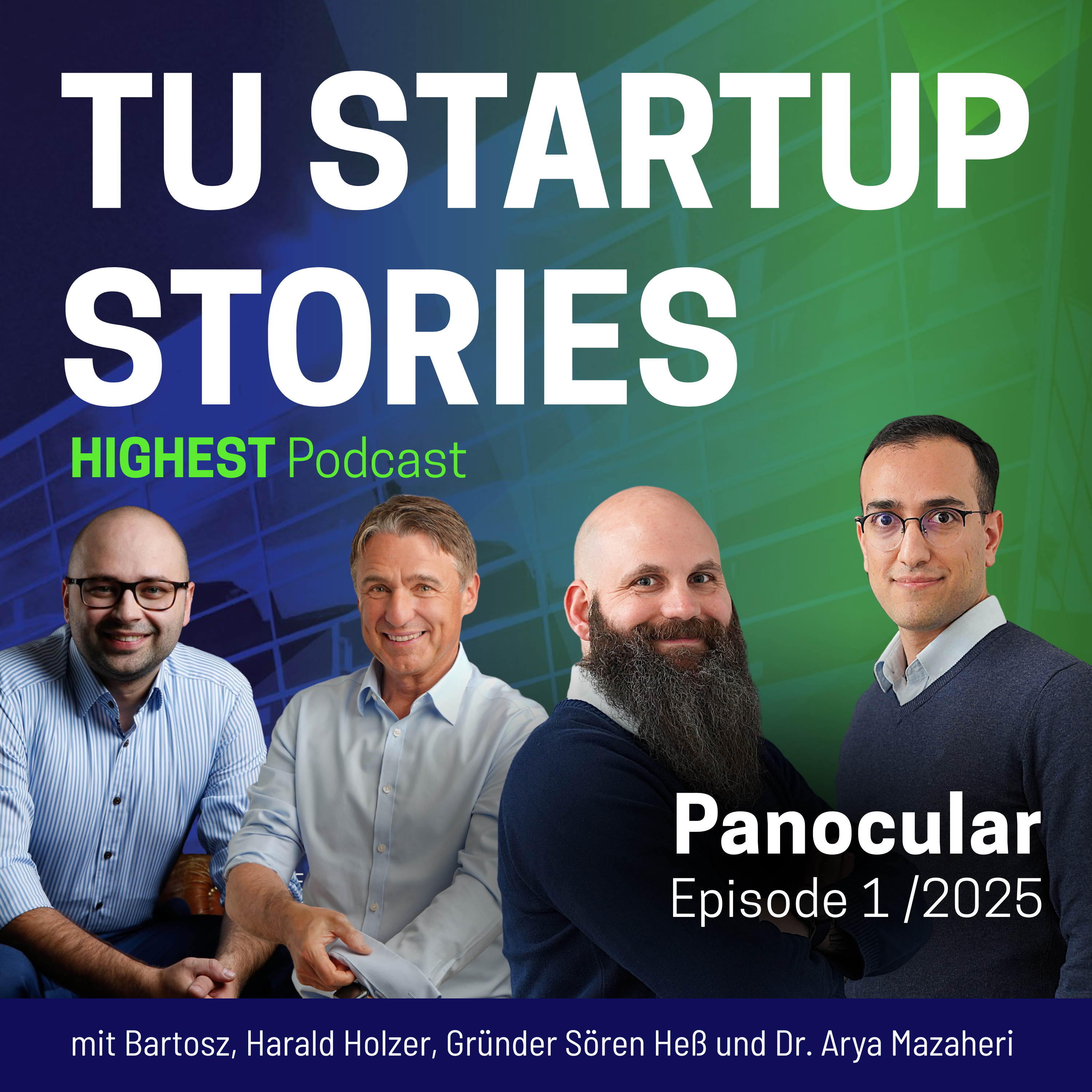 Keyvisual TU Startup Stories - 1. Folge mit PanocularAI: Bartosz Kajdas und Harald Holzer (Hosts) mit den Gründern Sören Heß und Arya Mazaheri